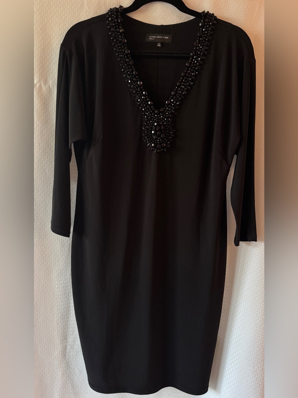 Jones New York Black Beaded Neckline Shift Dress Size 10 Fully Lined